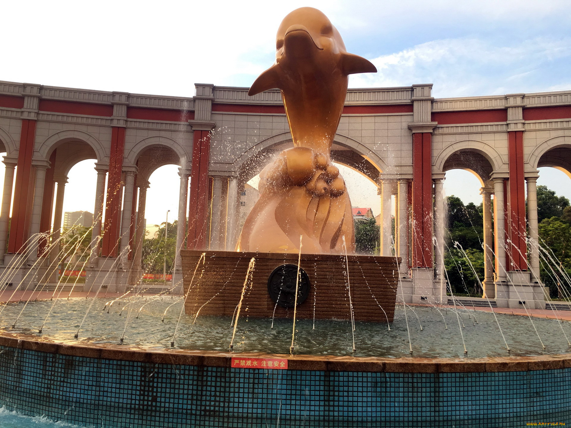 golden dolphin statue, fujian, china, , - , golden, dolphin, statue